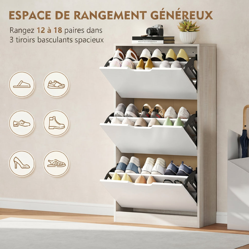 Meuble à chaussures 12 paires, armoire à chaussures étroite, 3 tiroirs rabattables, chêneet blanc-3
