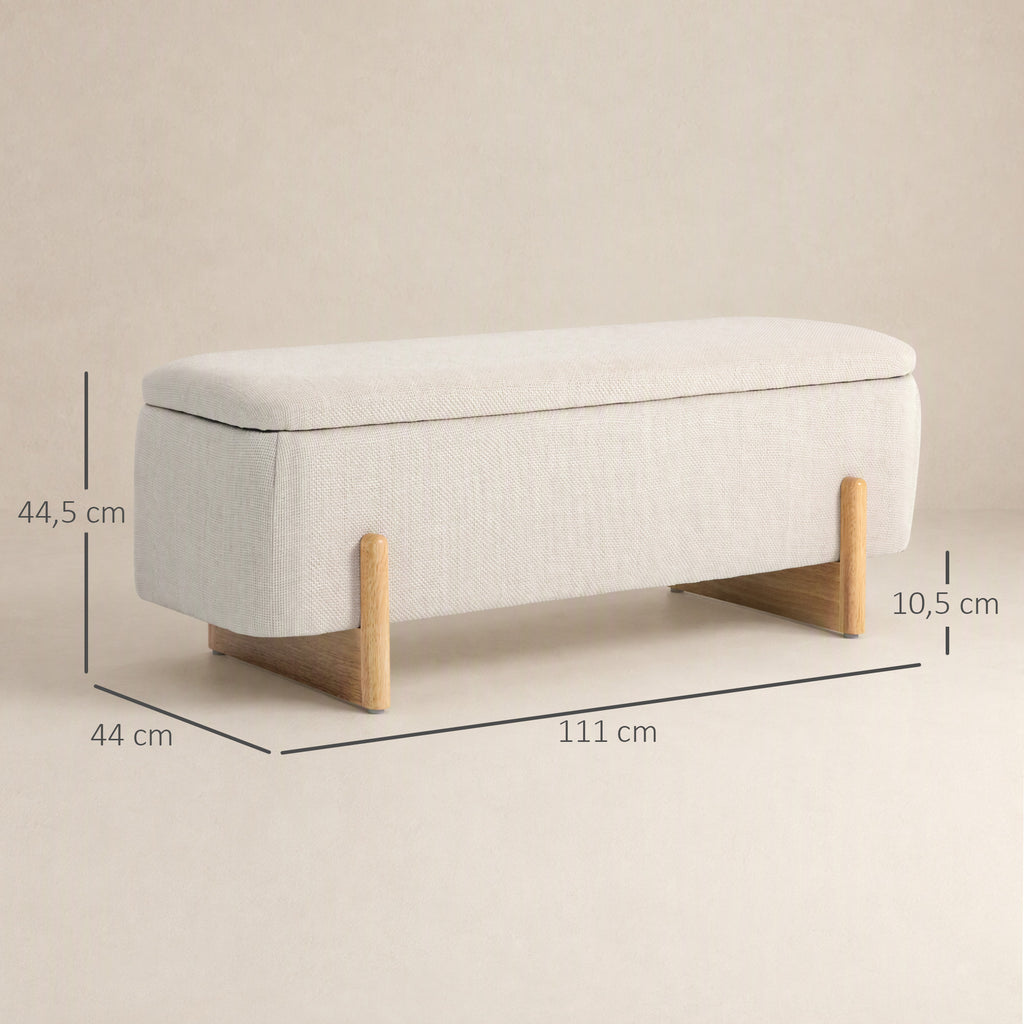 Banc de Rangement, Bout de Lit Rembourré, Charnières de Sécurité, Pieds Forme U en Bois d'Hévéa Stable, Crème-2