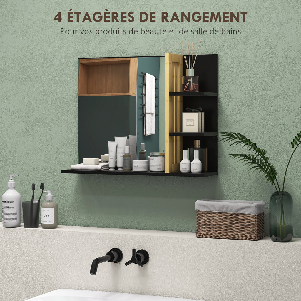 Miroir mural de salle de bain avec étagères de rangement - 3 étagères latérales + 1 étagère inférieure - bois de bambou-3