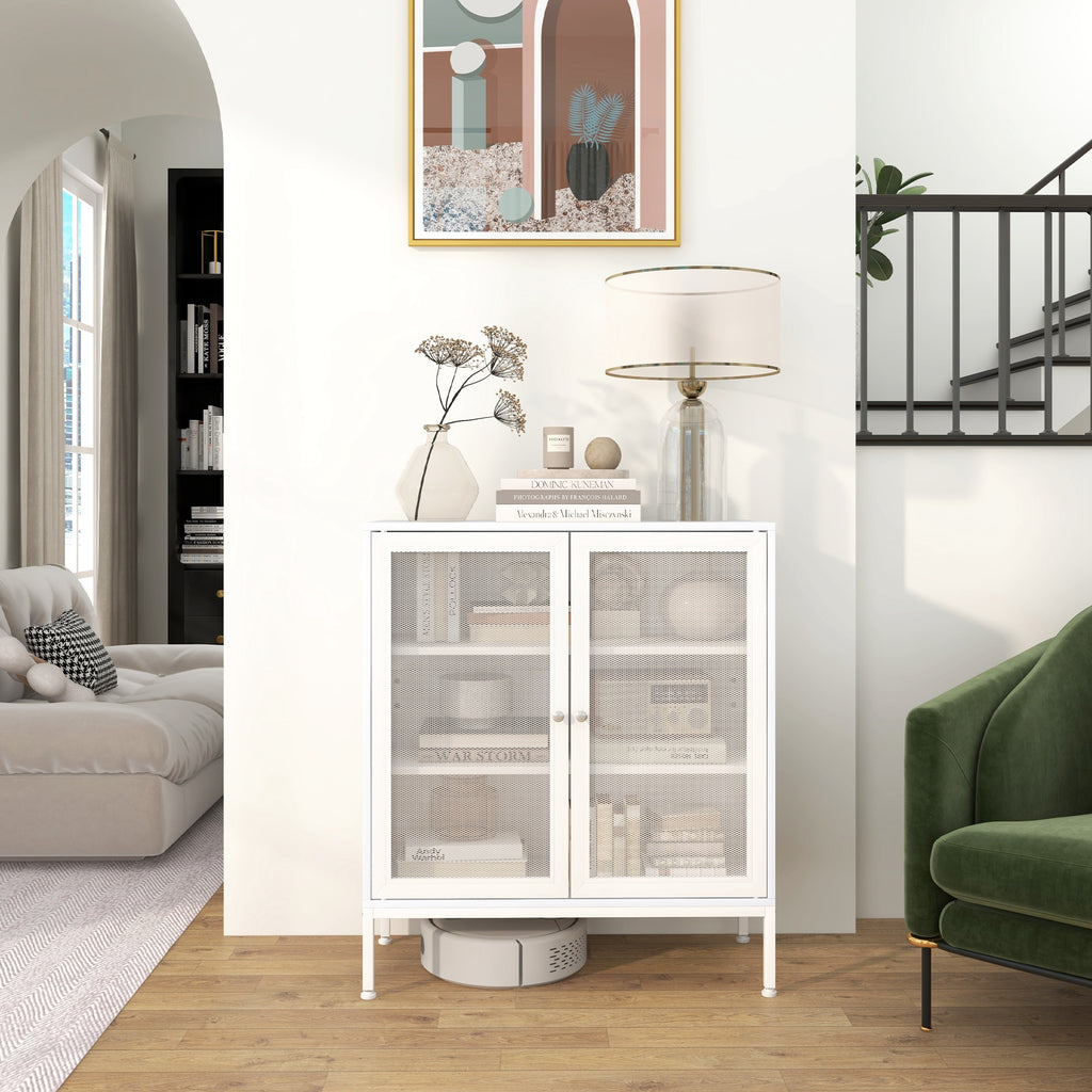Buffet meuble de cuisine à 3 niveaux avec 2 portes grillagées avec étagère réglable 80 x 37 x 92 cm blanc-7