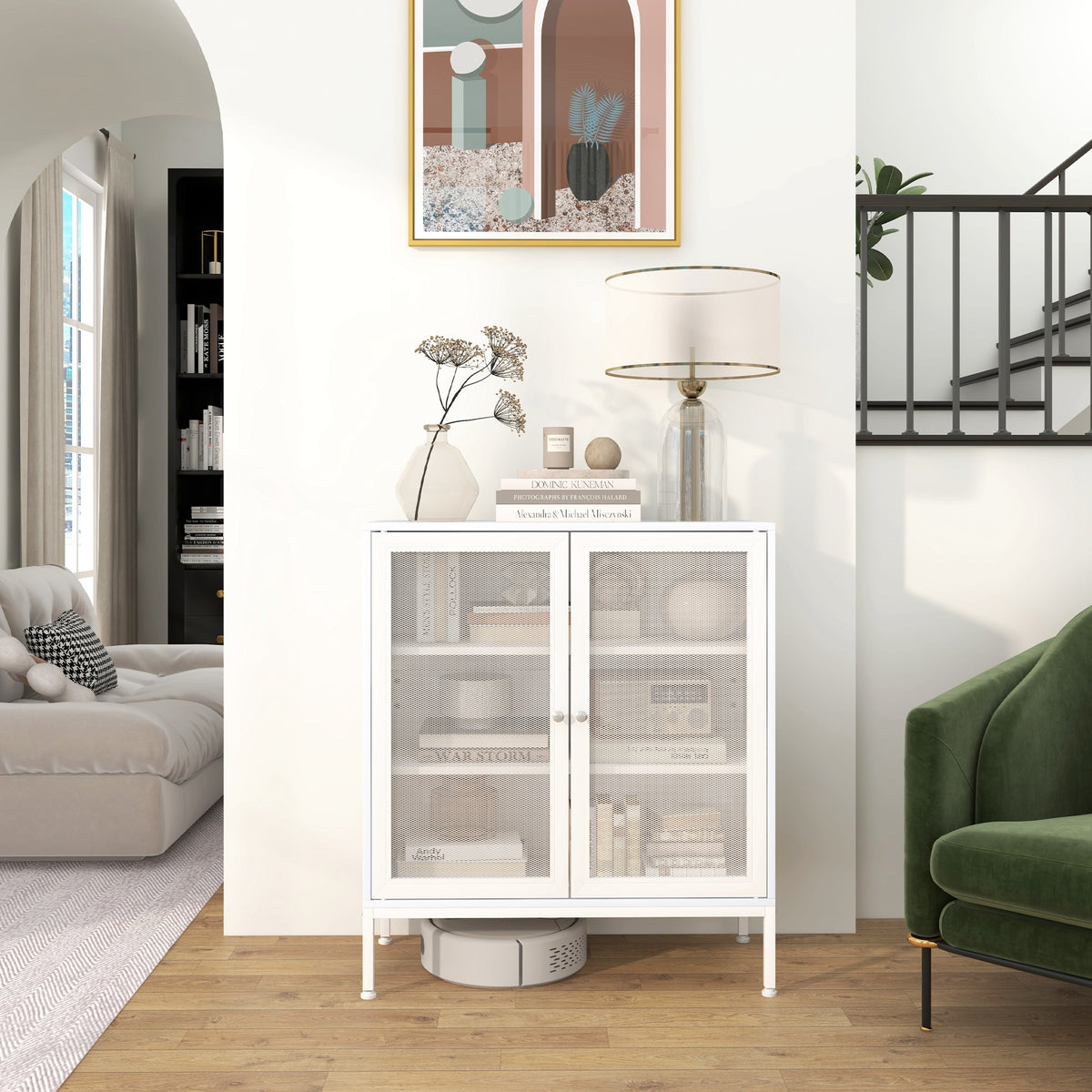 Buffet meuble de cuisine à 3 niveaux avec 2 portes grillagées avec étagère réglable 80 x 37 x 92 cm blanc-7