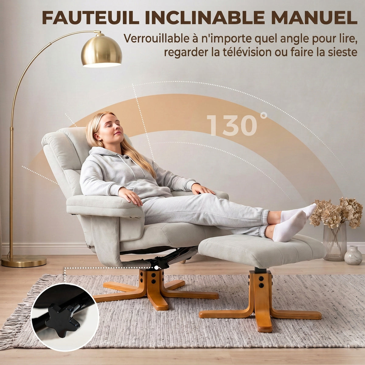 Fauteuil relax avec repose-pied, fauteuil de relaxation, dossier inclinable, assise rembourrée, 79x80x104cm, crème-3