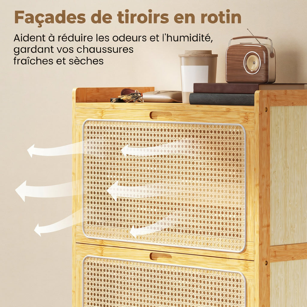 Meuble à chaussures 14 paires, armoire à chaussures 2 tiroirs rabattables, étagères réglables, 69x29x83cm, bois naturel-7