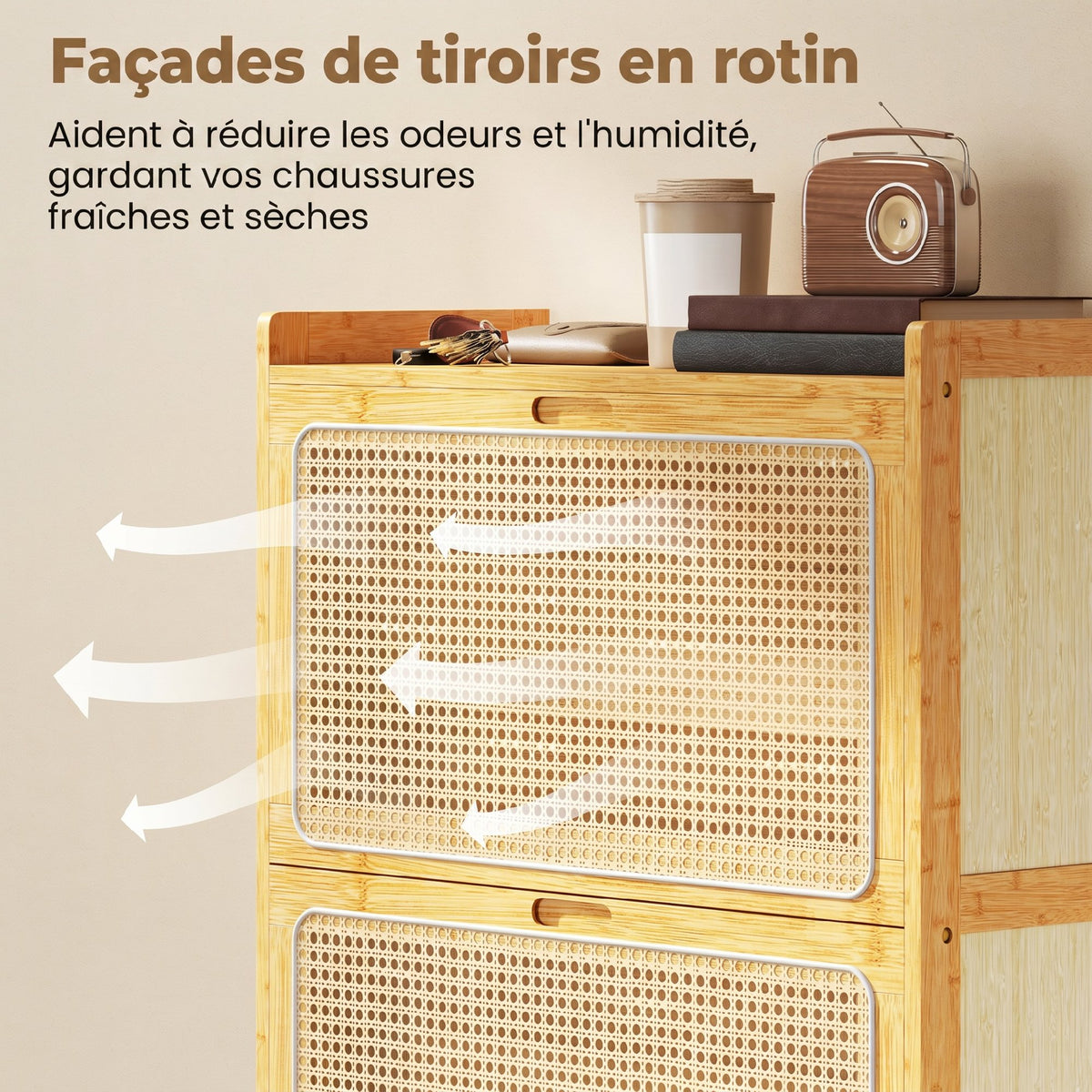 Meuble à chaussures 14 paires, armoire à chaussures 2 tiroirs rabattables, étagères réglables, 69x29x83cm, bois naturel-7