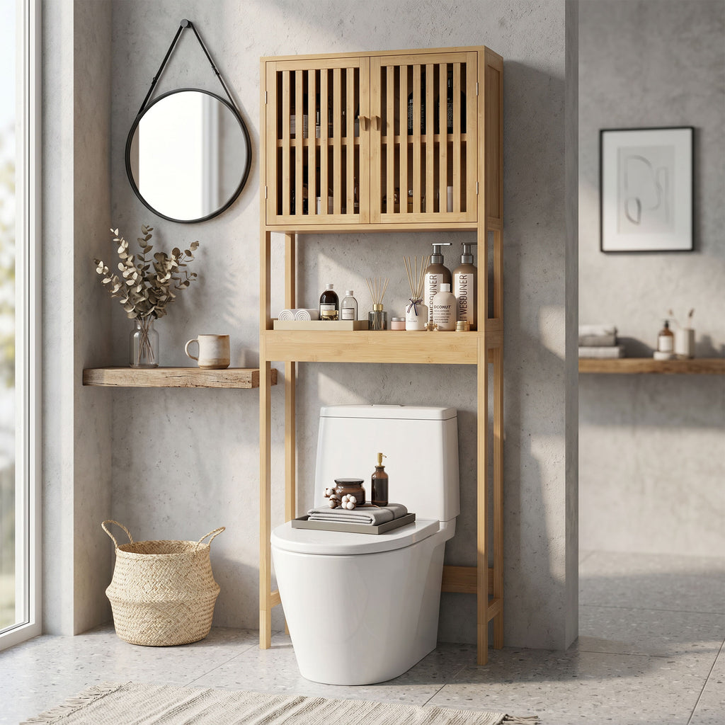 Étagère de toilettes meuble de salle de bain dessus toilette WC avec placard 2 portes et étagère ouverte bambou-8