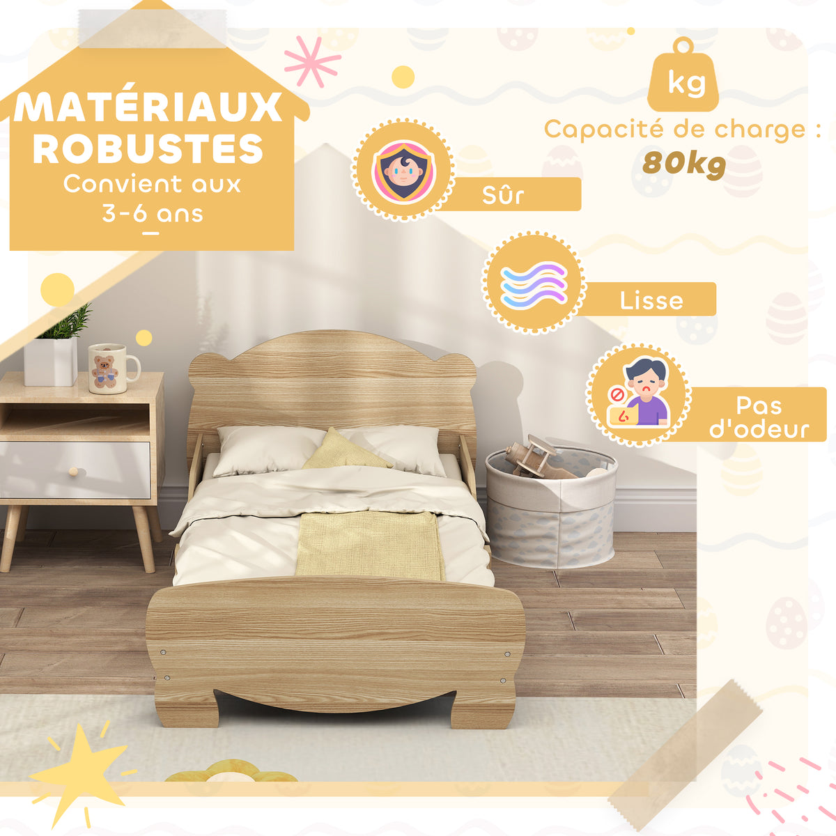 Lit enfant 70x140 cm avec barrières de sécurité thème d'ours pour garçons, filles, âgés de 3 à 6 ans, bois naturel-4