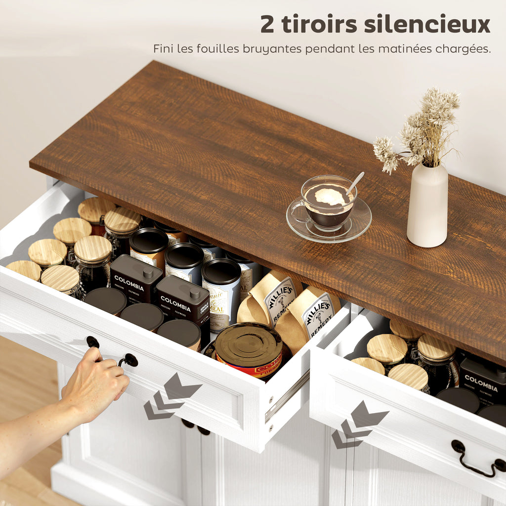 Buffet salon, meuble de rangement avec 4 portes, 2 tiroirs silencieux, étagères réglables, 140x40x85cm, blanc et marron-4
