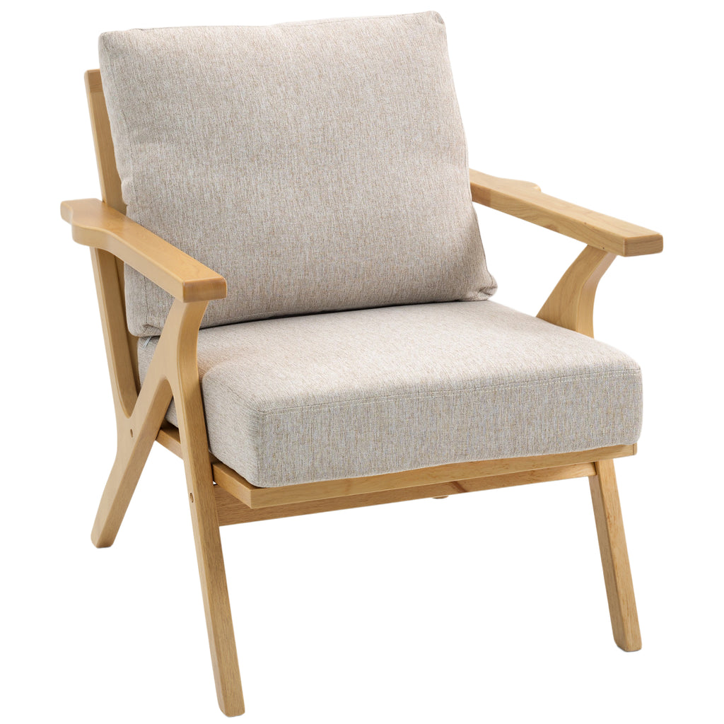 Fauteuil salon, fauteuil scandinave en tissu effet lin, coussins rembourrée et pieds en bois d'hévéa, 76x87x88cm, beige-0