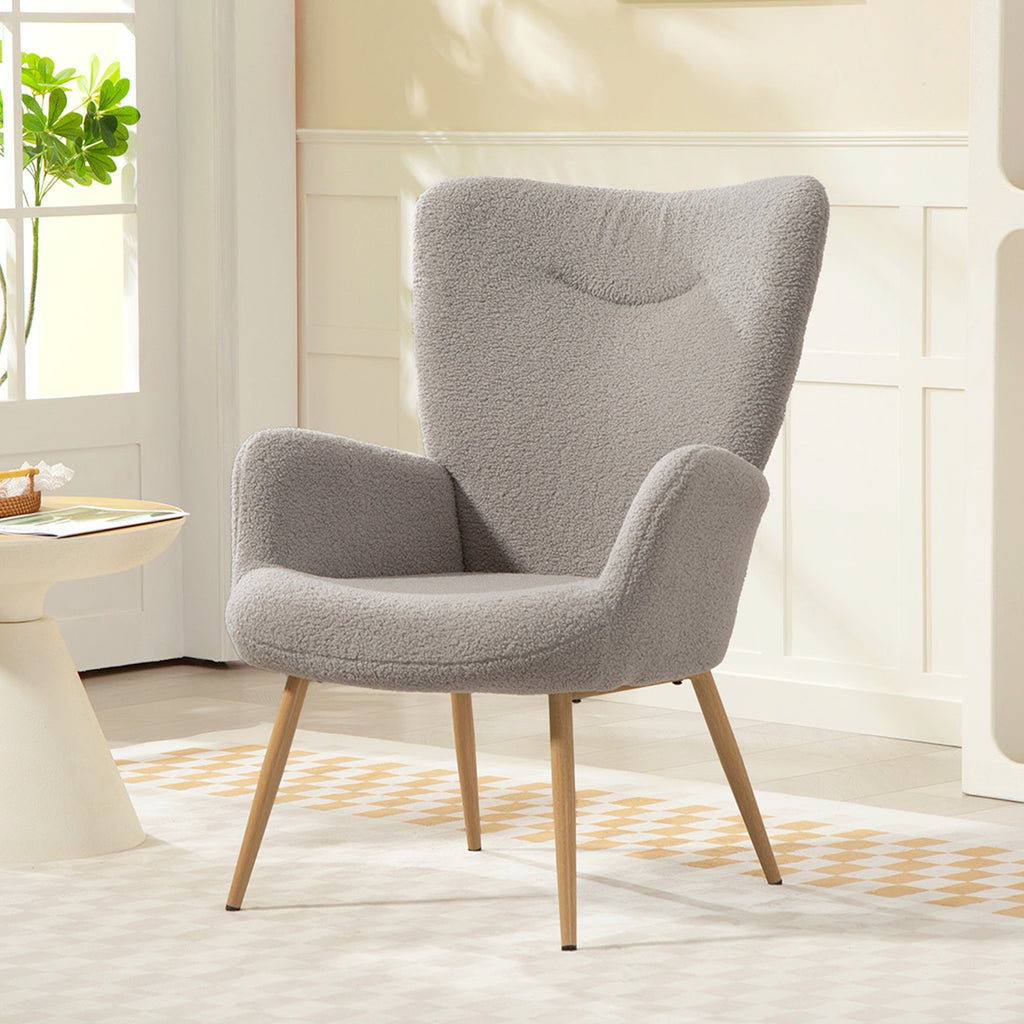 Fauteuil salon, fauteuil d'appoint rembourré en tissu bouclette avec haut dossier et accoudoirs, 71x74x97,5cm, gris-9