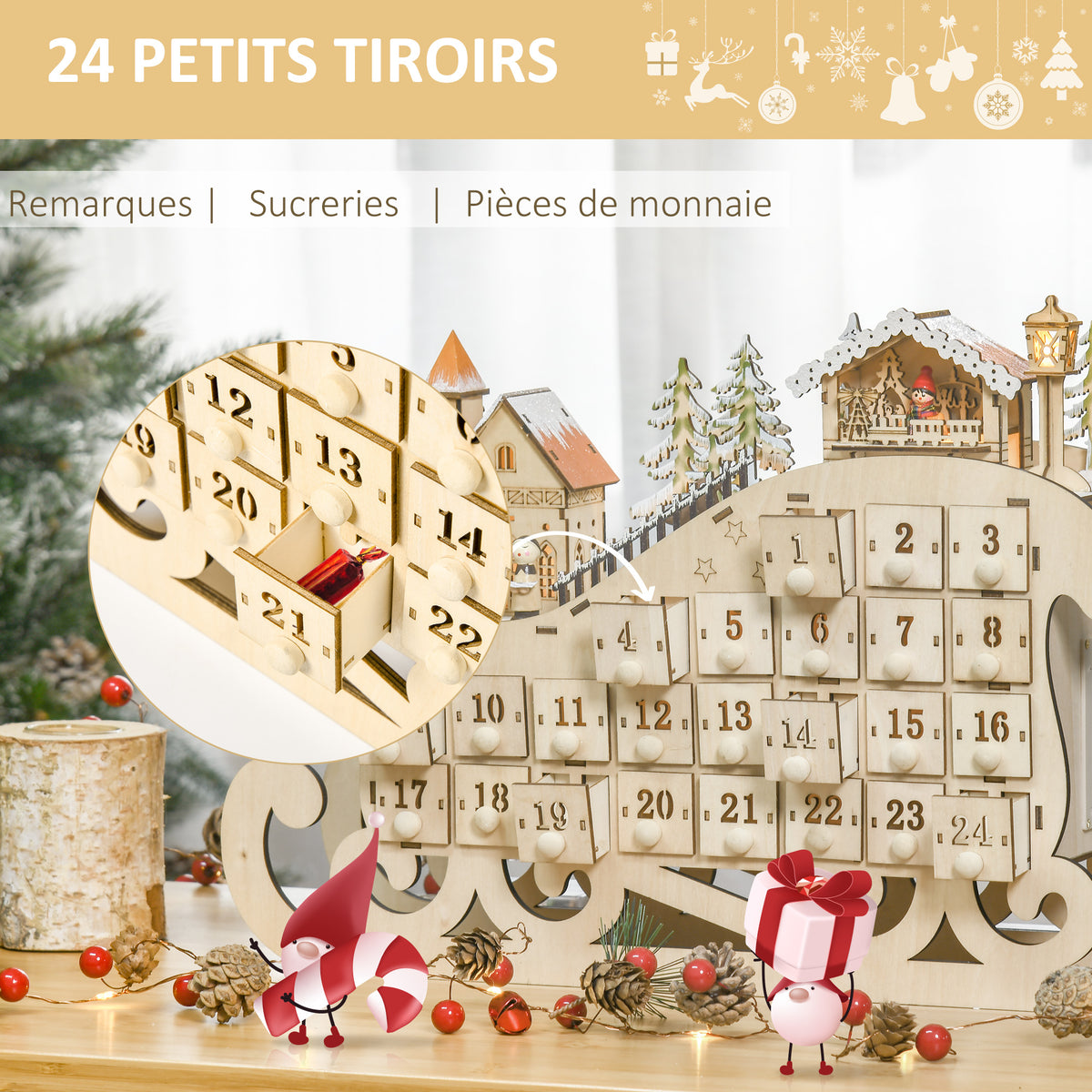 Calendario dell’Avvento di Natale in legno a slitta con 24 cassetti e 10 LED