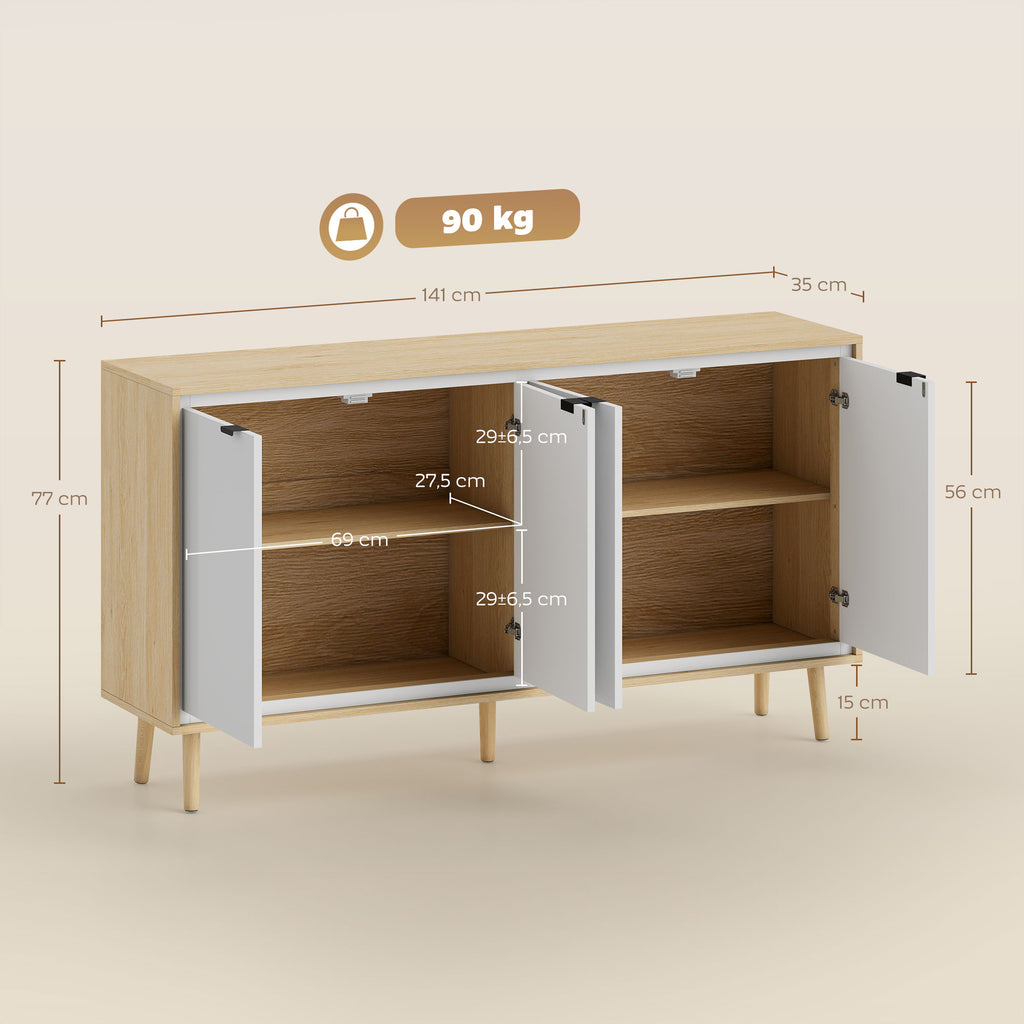 Buffet à haute brillance, meuble de rangement avec 4 portes, étagères réglables, 141 x 35 x 77 cm, blanc et chêne-2