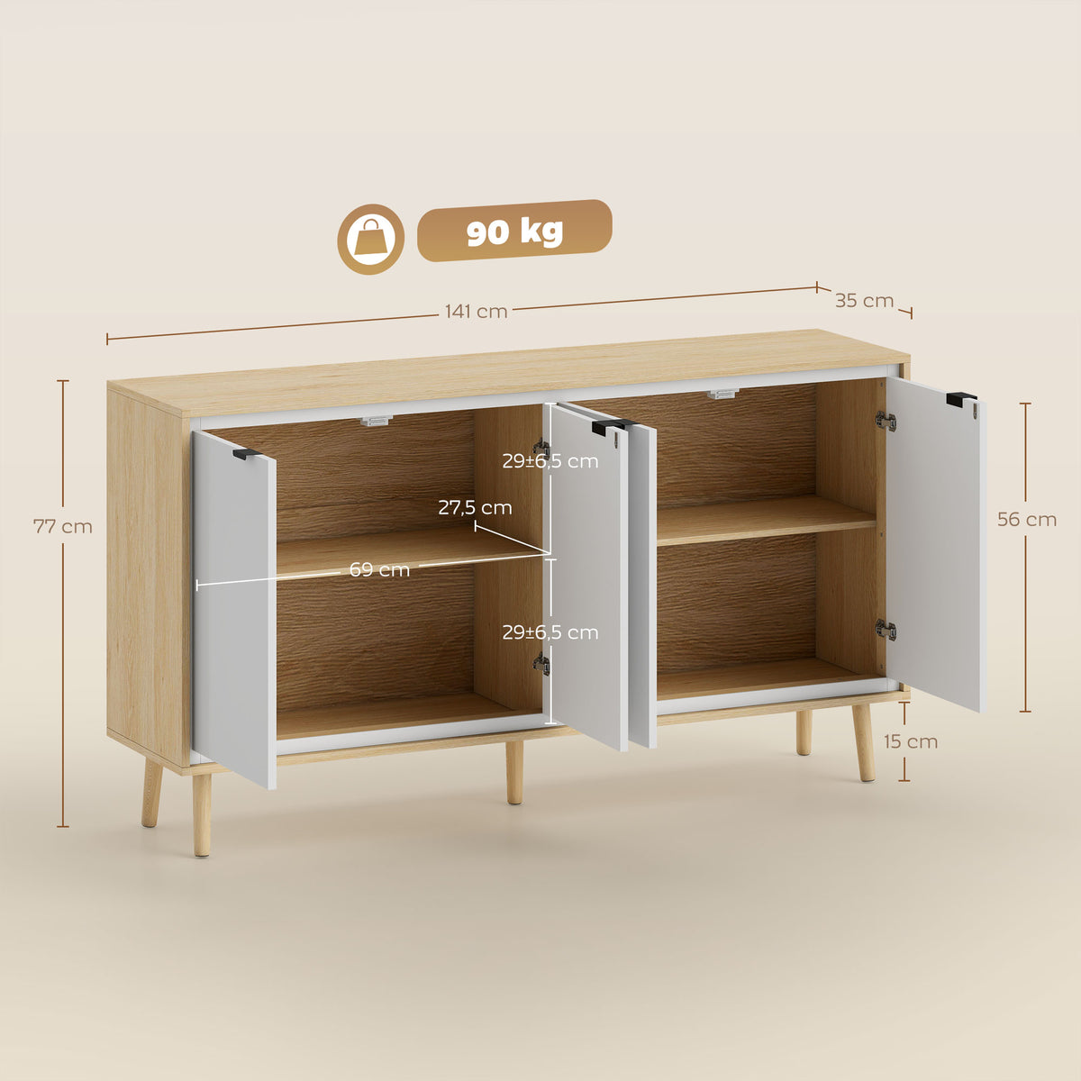 Buffet à haute brillance, meuble de rangement avec 4 portes, étagères réglables, 141 x 35 x 77 cm, blanc et chêne-2