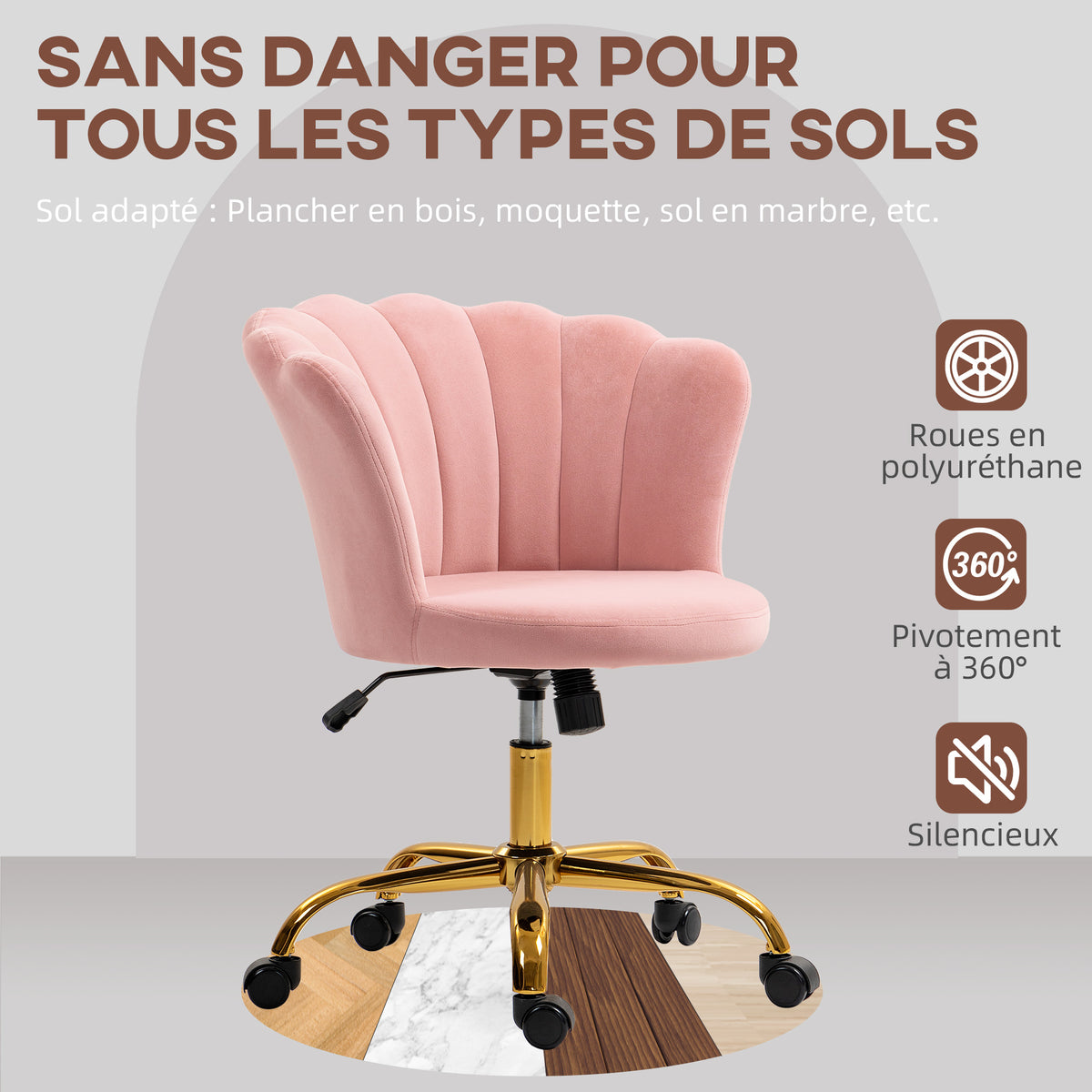 Chaise bureau en velours, chaise coiffeuse avec dossier en pétale, hauteur réglable, 69 x 64 x 80-90 cm, rose-6