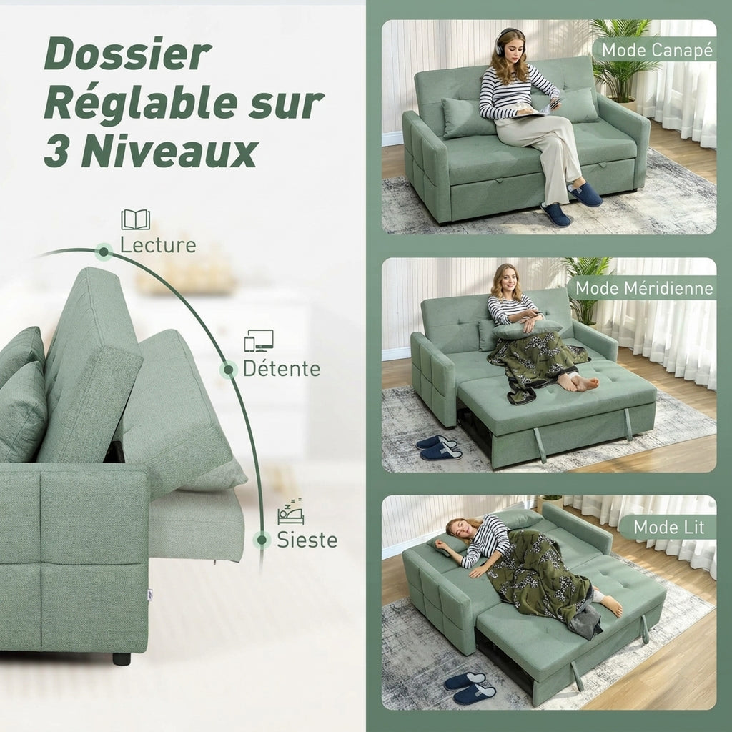 Canapé Convertible 2 Places 3 en 1, Canapé-Lit Clic Clac 160 cm, Dossier Réglable, Assise Large, 2 Oreillers, Vert-4