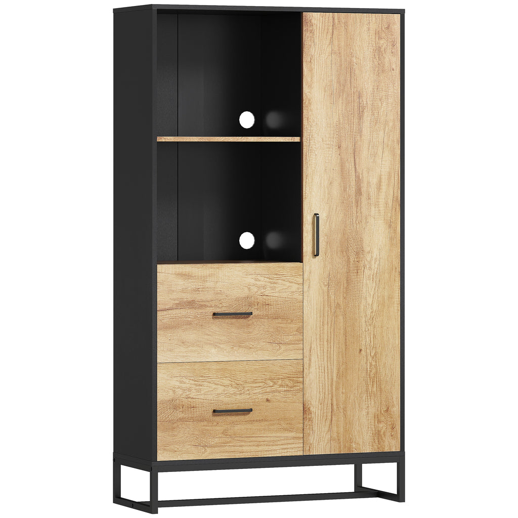 Armoire de cuisine meuble de rangement, 2 tiroirs 1 placard 2 niches et étagères réglables, 88x35x160cm, noir et naturel-0