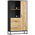 Armoire de cuisine meuble de rangement, 2 tiroirs 1 placard 2 niches et étagères réglables, 88x35x160cm, noir et naturel-0