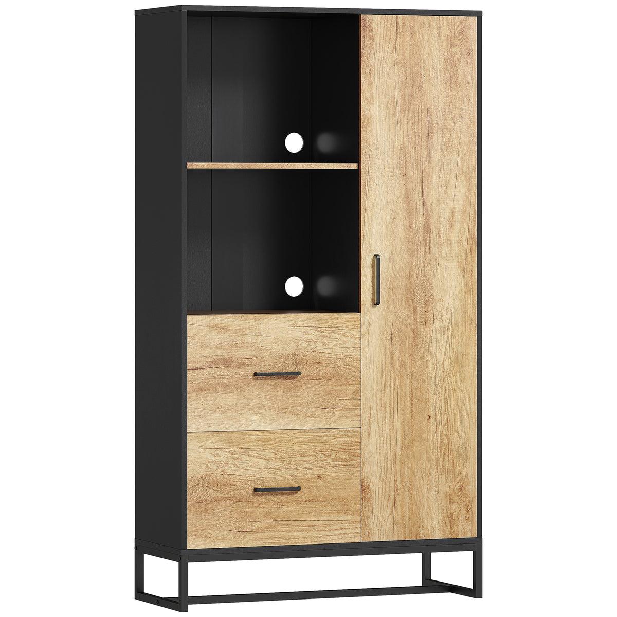 Armoire de cuisine meuble de rangement, 2 tiroirs 1 placard 2 niches et étagères réglables, 88x35x160cm, noir et naturel-0