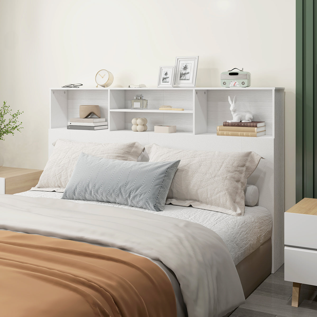 Tête de lit sur pied avec rangements, accessoire de lit 4 compartiments ouverts, 160 x 20,2 x 108,2 cm, blanc-6