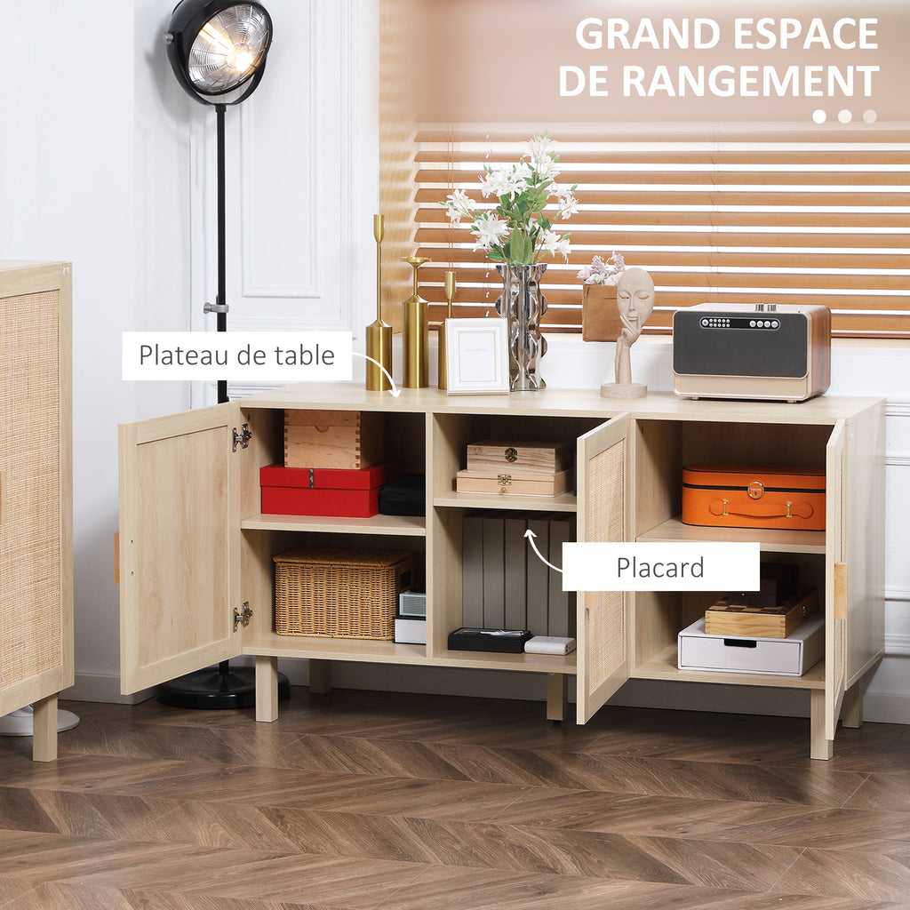 Buffet Meuble de Rangement Placard 3 Portes avec étagère réglable Effet cannage Style bohème - 136 x 41 x 70 cm-3