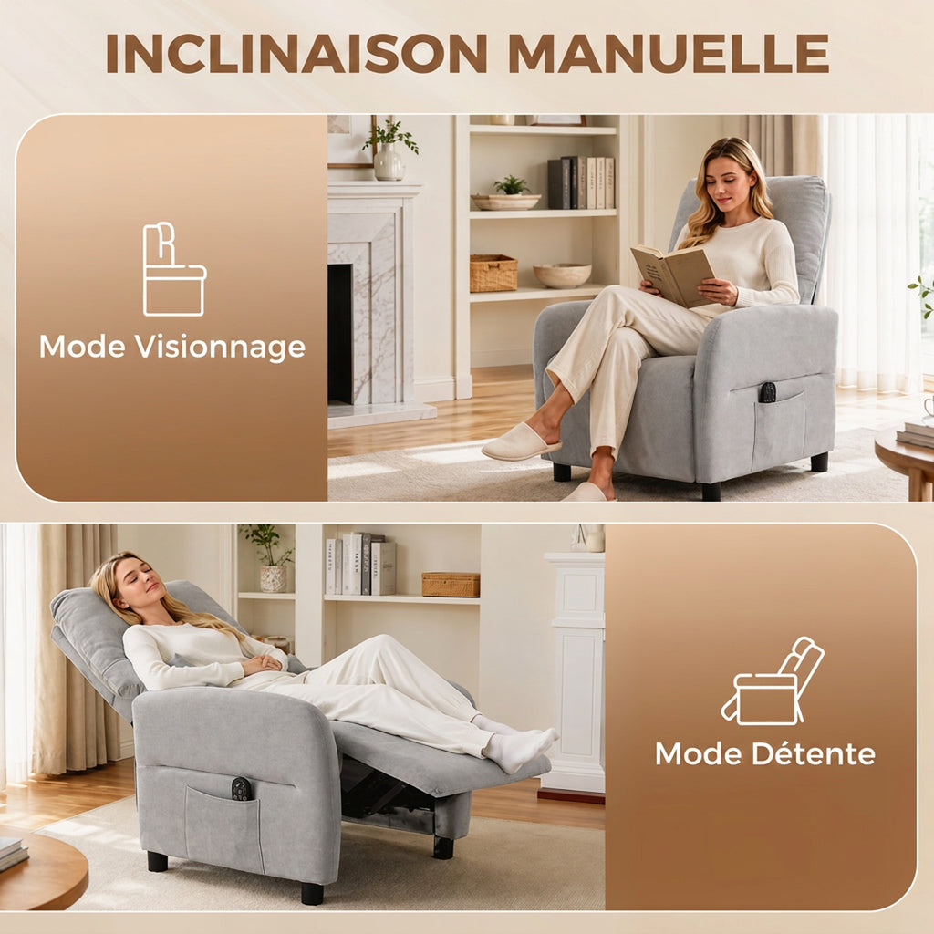 Fauteuil Inclinable de Massage par Vibration et Chauffage, Fauteuil de Relaxation en Tissu Éponge Bouclé, Gris-4