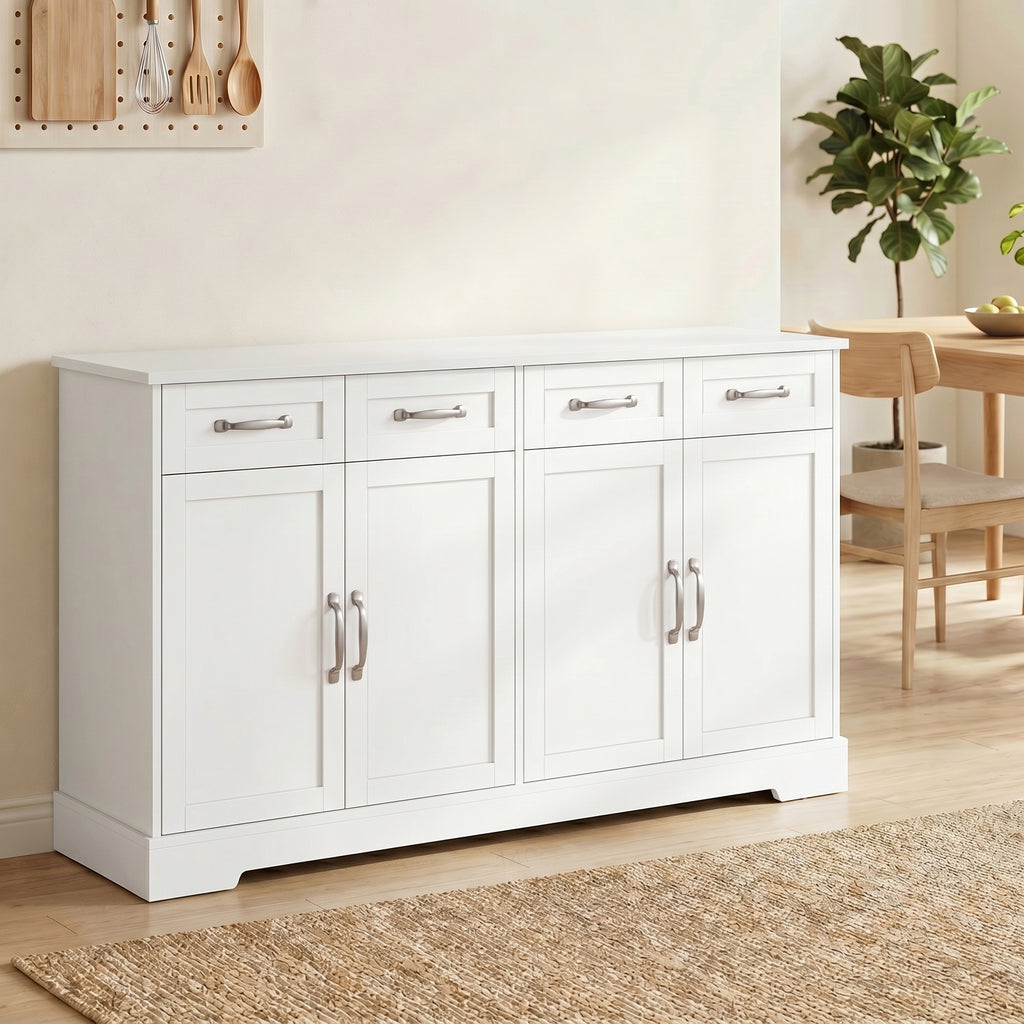 Buffet Cuisine avec Tiroirs, Portes, Étagères Réglables, Style Shaker, Dispositif Anti-Basculement, 140x38x80cm, Blanc-1