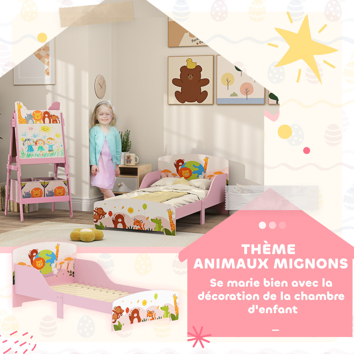 Lit Enfant 70x140 cm motif animal 140 x 70 cm avec sommier à lattes en bois design bas sécurisé rose-5