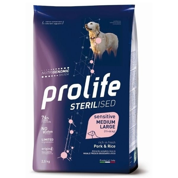 PROLIFE DOG ADULT SENSITIVE STERILISED MEDIUM/LARGE MAIALE & RISO 2,5 KG.