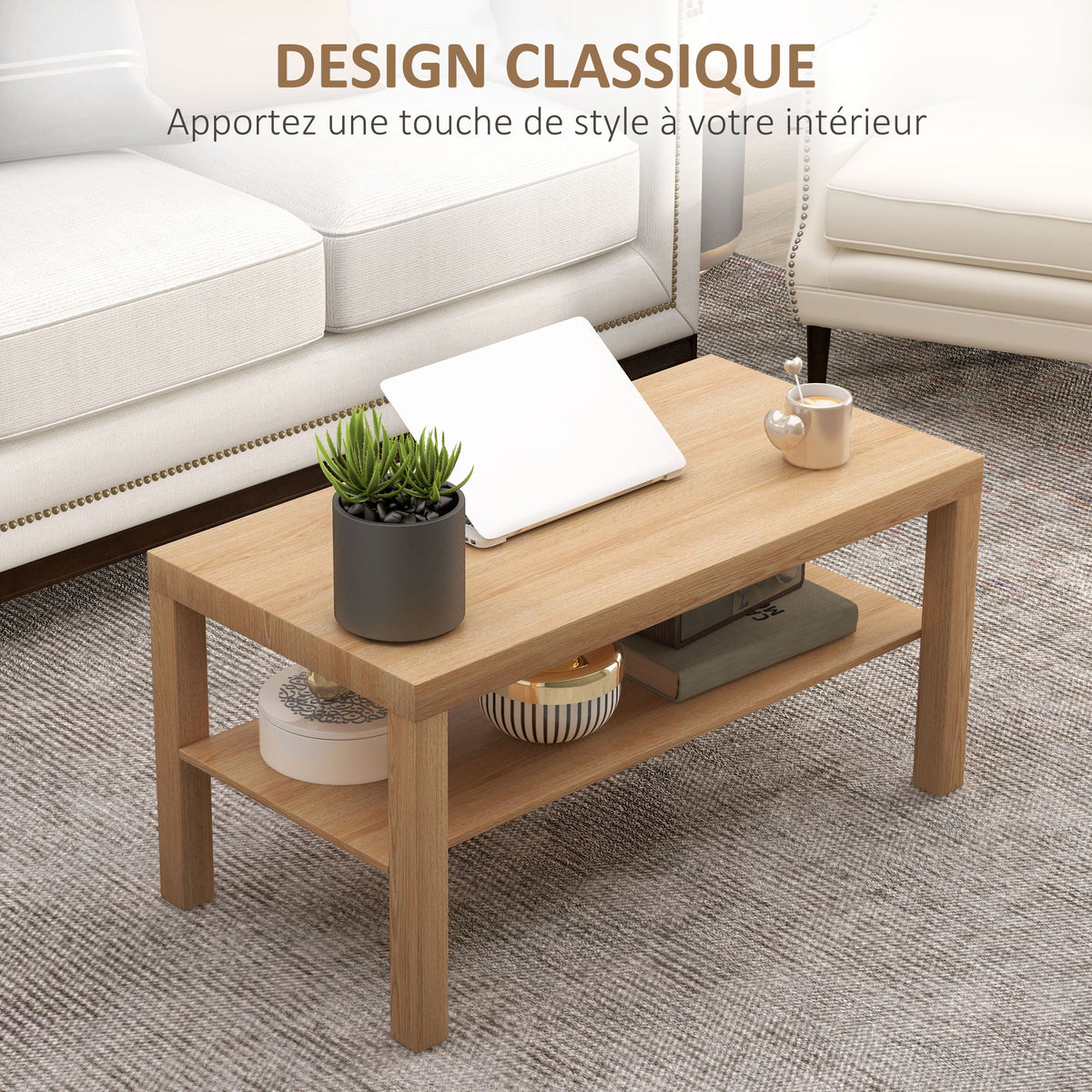 Table basse de salon, table d'appoint rectangulaire à 2 niveaux avec étagère de rangement, 90x45x44,5cm, bois naturel-3