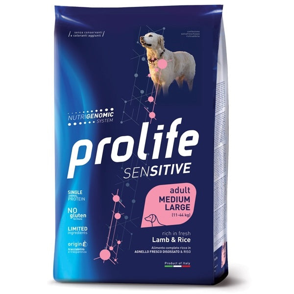 PROLIFE DOG ADULT SENSITIVE MEDIUM/LARGE AGNELLO & RISO 10 KG.
