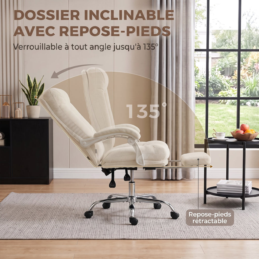 Chaise Bureau Ergonomique, Fauteuil de Bureau Inclinable en Chenille, Hauteur Réglable, Repose-Pieds, Crème-4