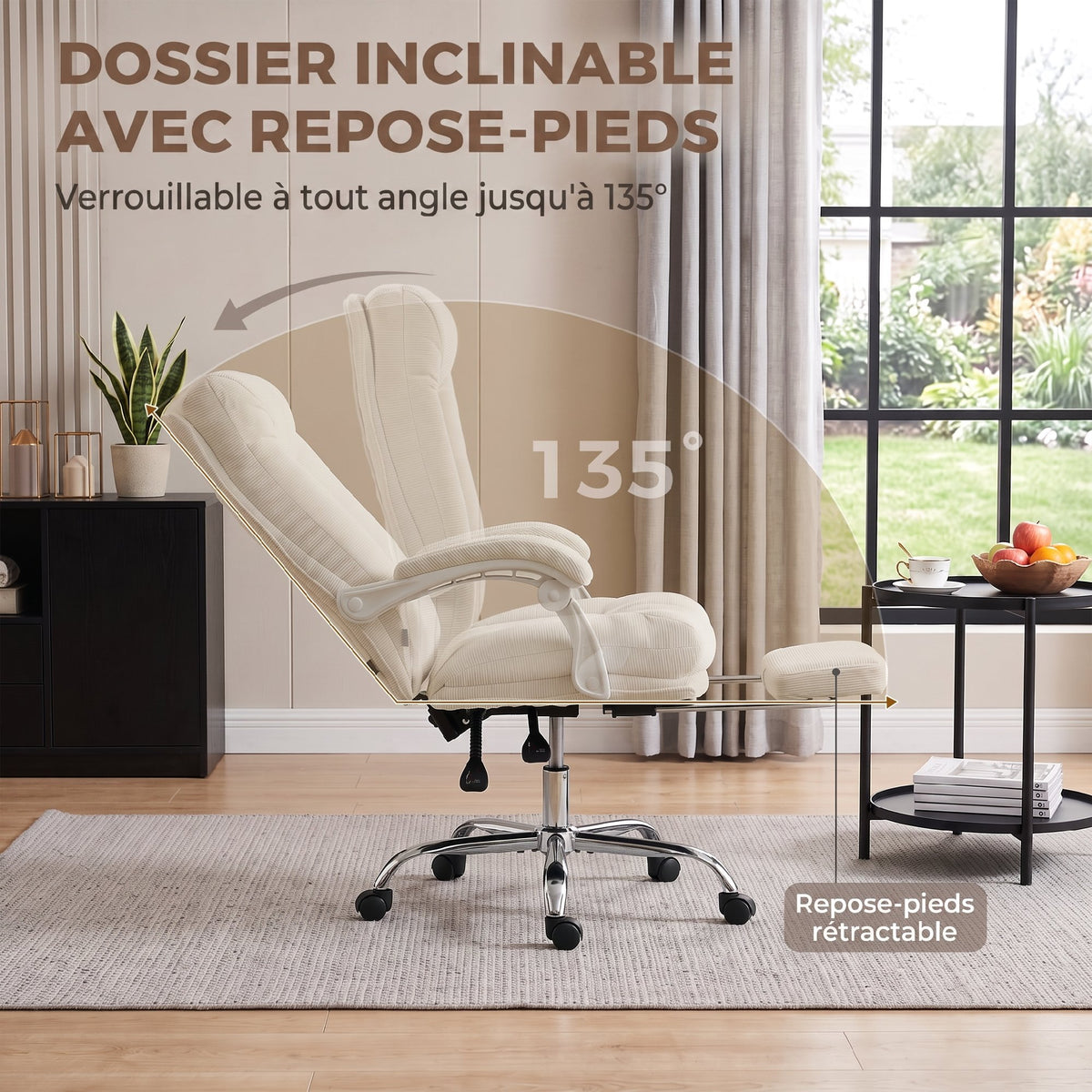 Chaise Bureau Ergonomique, Fauteuil de Bureau Inclinable en Chenille, Hauteur Réglable, Repose-Pieds, Crème-4