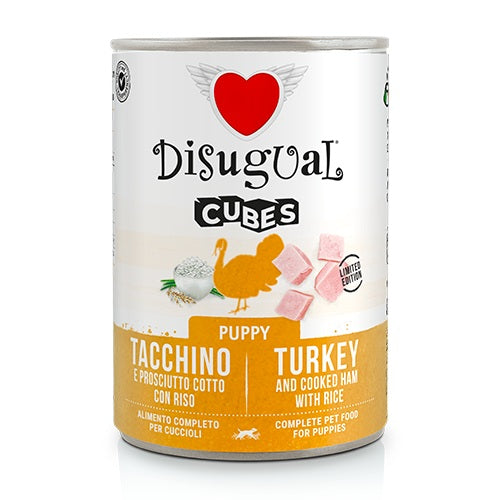 DISUGUAL DOG CUBES PUPPY TACCHINO, PROSCIUTTO COTTO & RISO 400 GR.