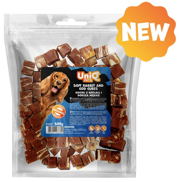 UNIQ PETS DOG SNACKS CUBETTI CONIGLO & MERLUZZO 500 GR.