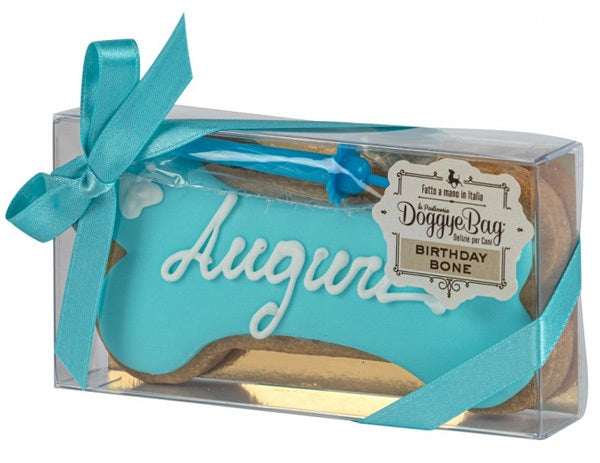 TORTA COMPLEANNO PER CANI SCRITTA "AUGURI" AZZURRA 85 GR.