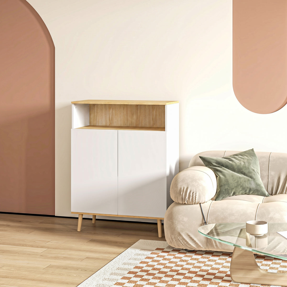 Meuble de rangement buffet sur pied scandinave placard 2 portes avec étagère intérieure blanc et aspect bois-1