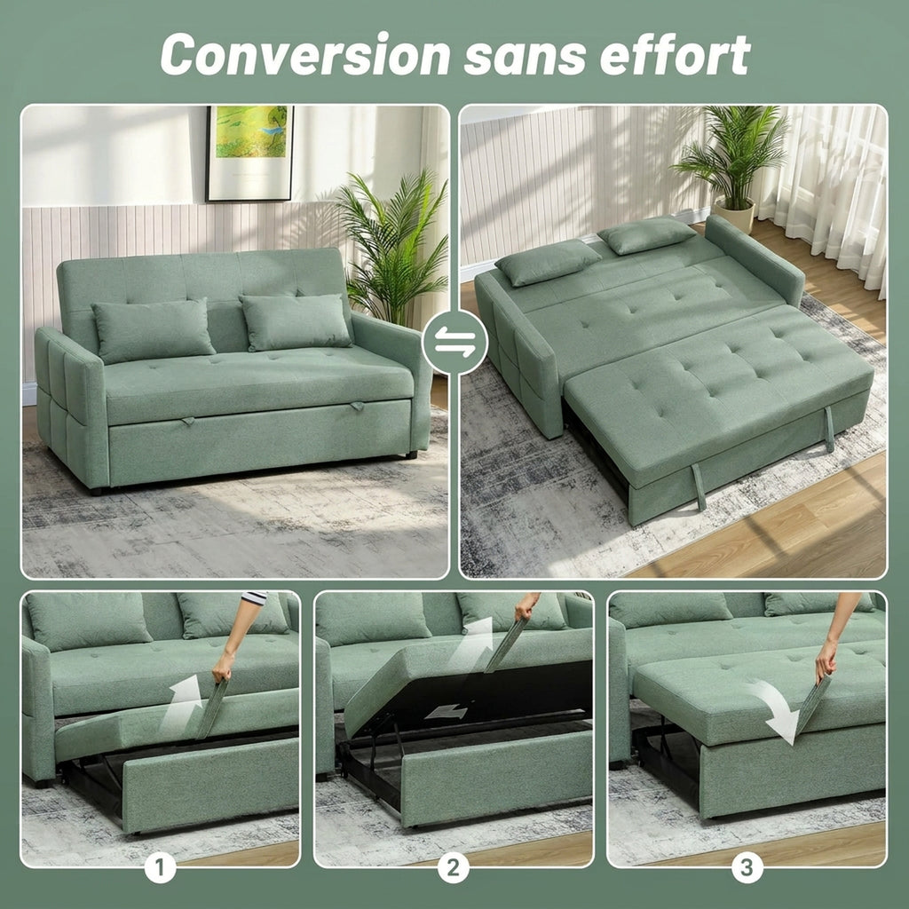 Canapé Convertible 2 Places 3 en 1, Canapé-Lit Clic Clac 160 cm, Dossier Réglable, Assise Large, 2 Oreillers, Vert-3