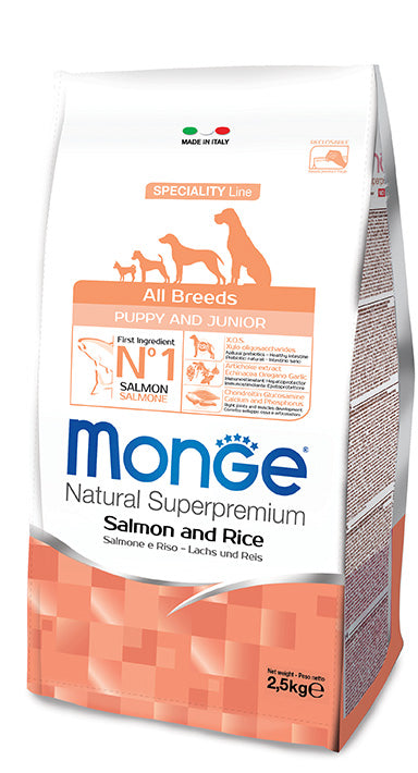 MONGE SPECIALITY LINE PUPPY & JUNIOR ALL BREEDS SALMONE & RISO 2,5 KG.