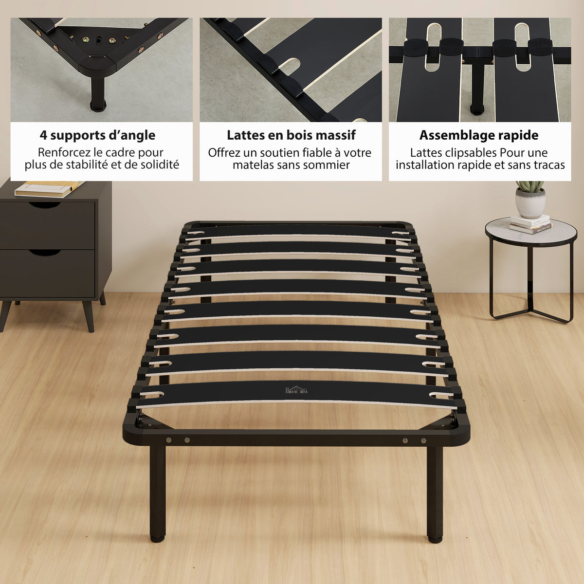 Cadre de lit 90 x 190 cm, lit simple avec sommier à lattes en bois massif et pied, avec rangement au-dessous, noir-6