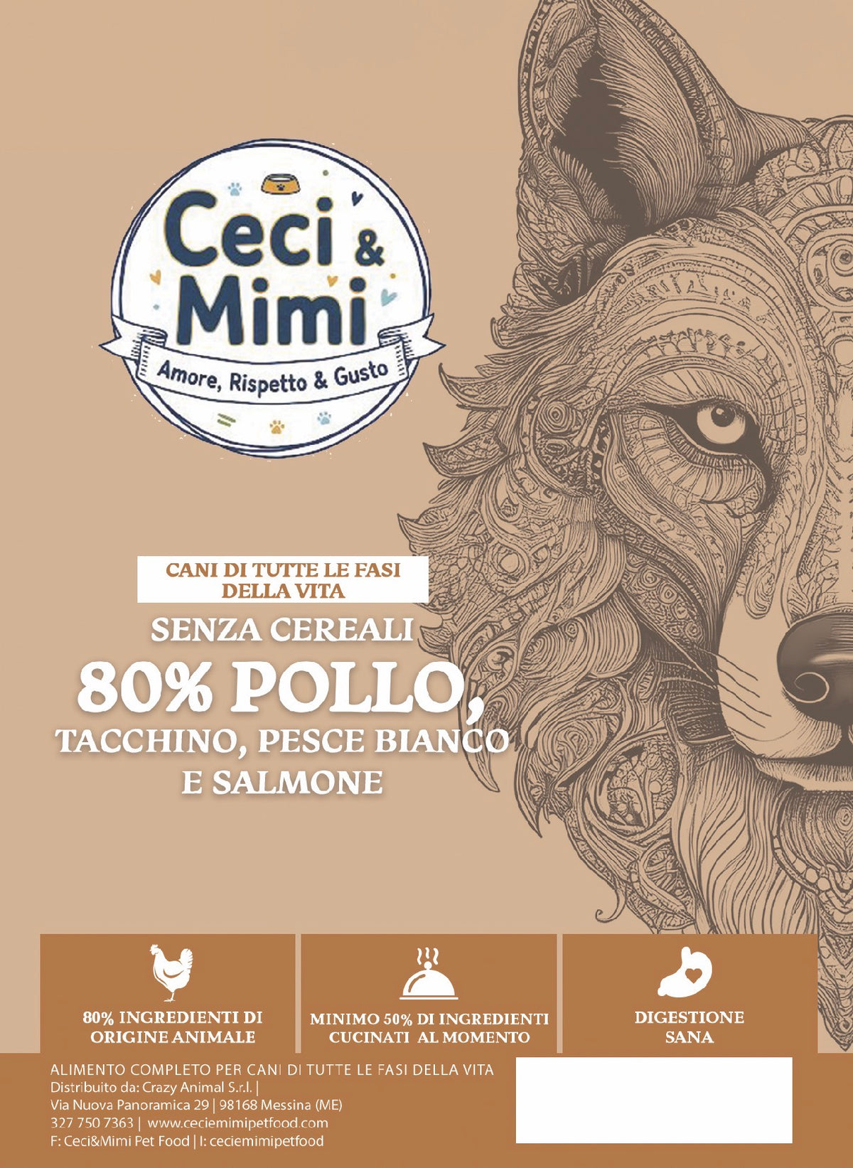 CECI & MIMI DOG - Wilderness 80 Cani di tutte le fasi della vita 80%
Pollo, Tacchino, Pesce Bianco e Salmone 2 kg
