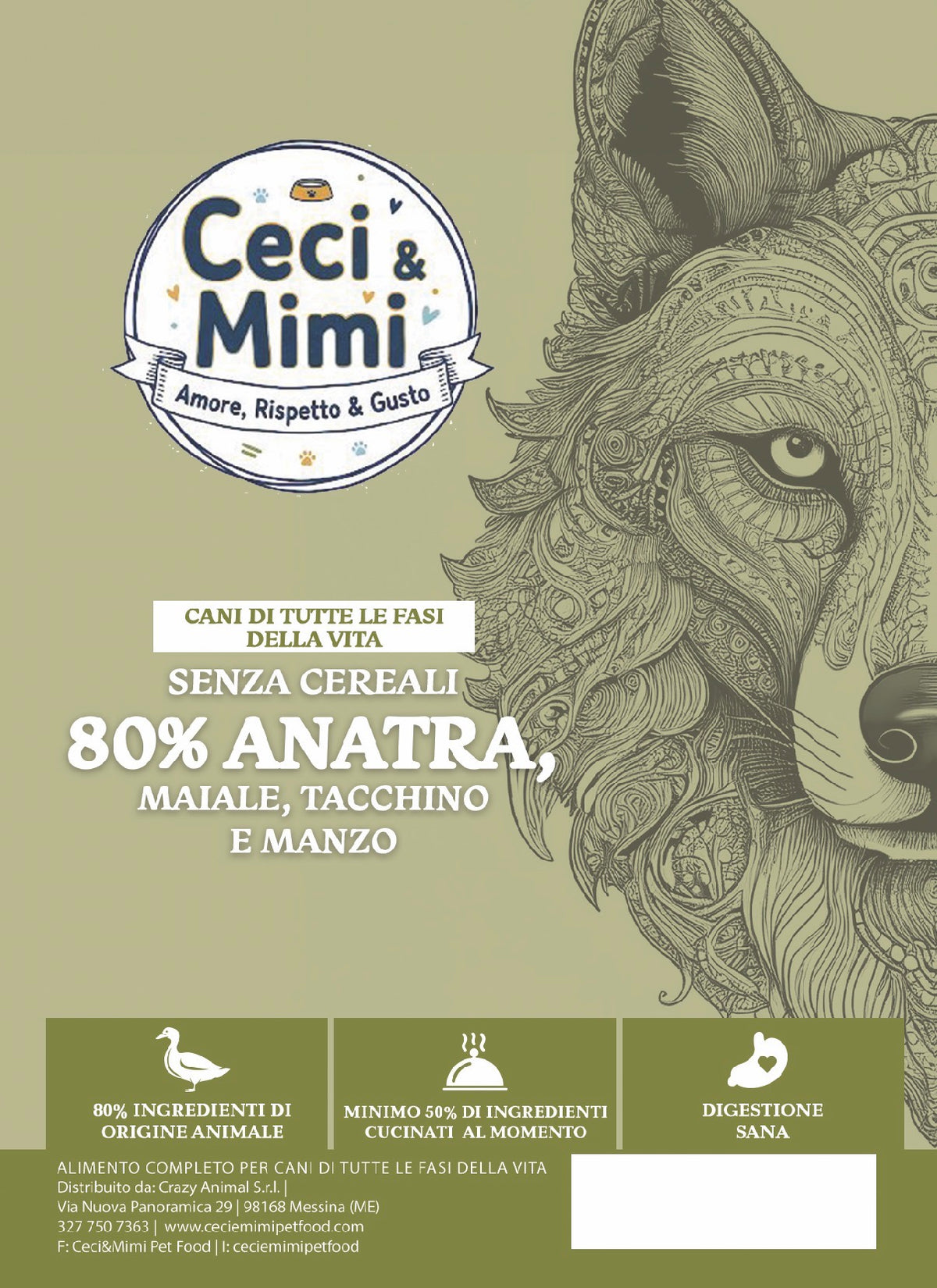 CECI & MIMI DOG Wilderness 80 Cani di tutte le fasi della vita 80% Anatra, Maiale, Tacchino e Manzo 2 kg