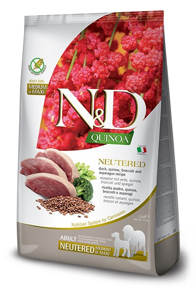 N&D DOG QUINOA NEUTERED MEDIUM/MAXI ANATRA, BROCCOLI & ASPARAGI 2,5 KG.