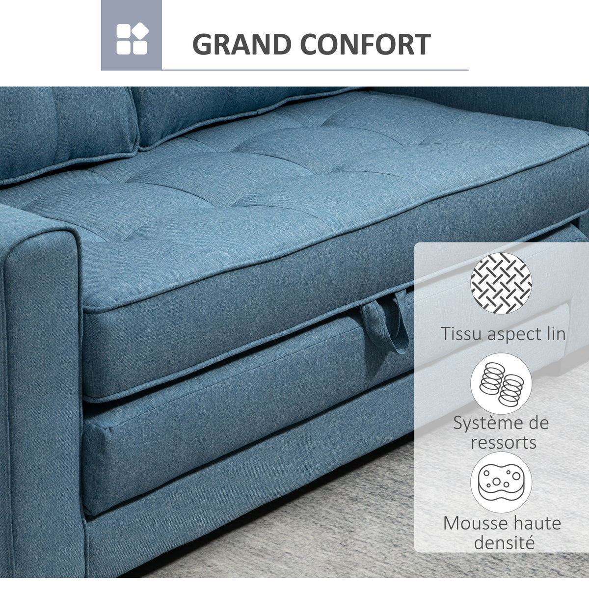 Canapé droit convertible 2 places - dossier capitonné - 147,5 x 75 x 85 cm - bleu-5