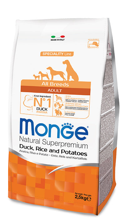 MONGE SPECIALITY LINE ADULT ALL BREEDS ANATRA RISO & PATATE 2,5 KG.