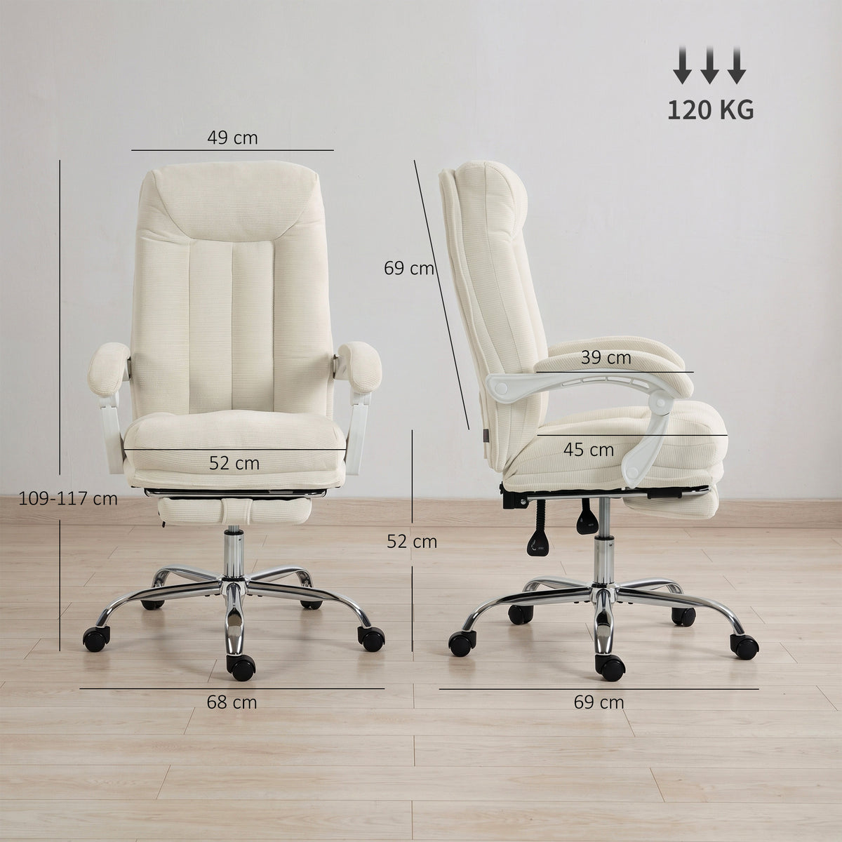 Chaise Bureau Ergonomique, Fauteuil de Bureau Inclinable en Chenille, Hauteur Réglable, Repose-Pieds, Crème-2