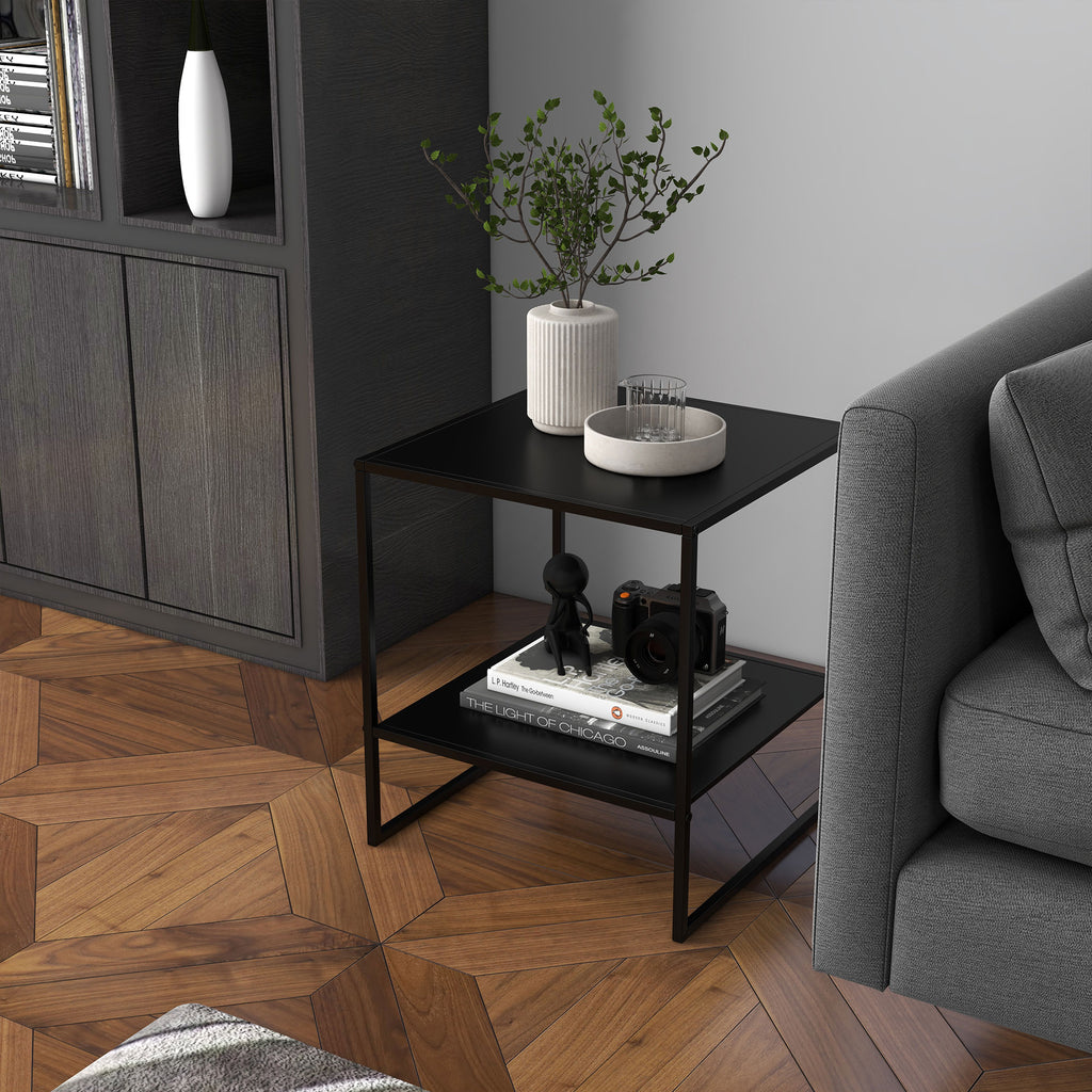 Table basse d'appoint carrée style industriel en métal noir avec une étagère - 40 x 40 x 45 cm noir-1
