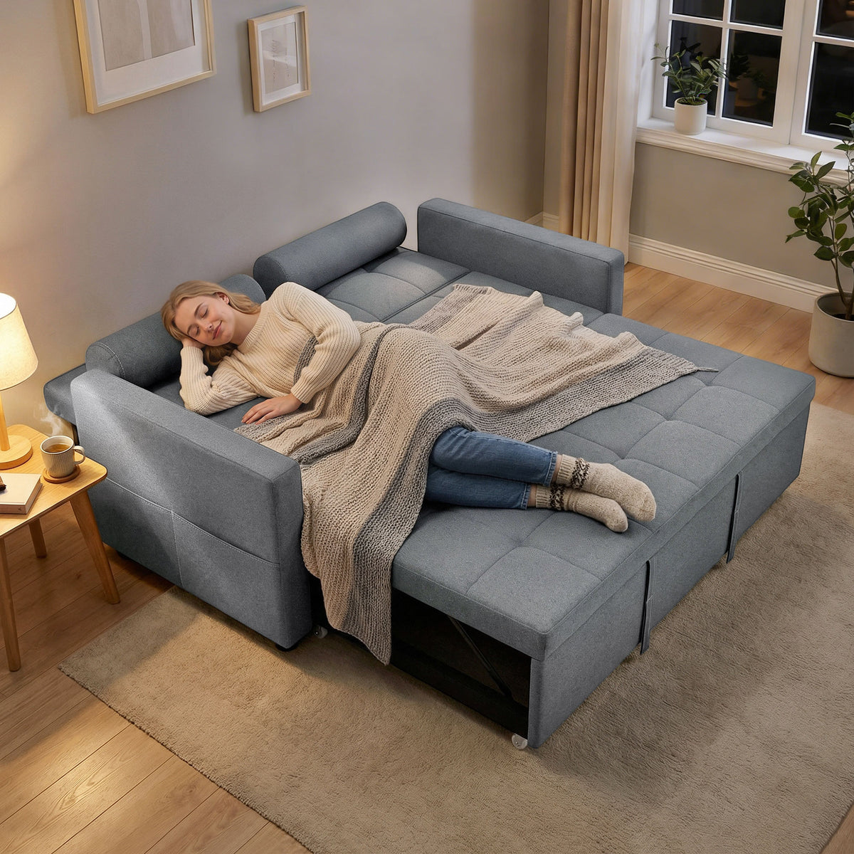 Canapé convertible 2 places 3 en 1 canapé-lit avec lit gigogne double dossier réglable 2 coussins 80,5x137,5x84cm gris-8