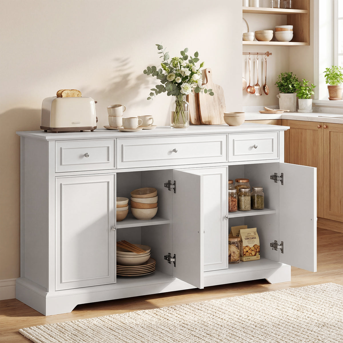 Buffet salon, meuble de rangement avec 3 tiroirs, 4 portes à fermeture douce et étagères réglables, blanc-1