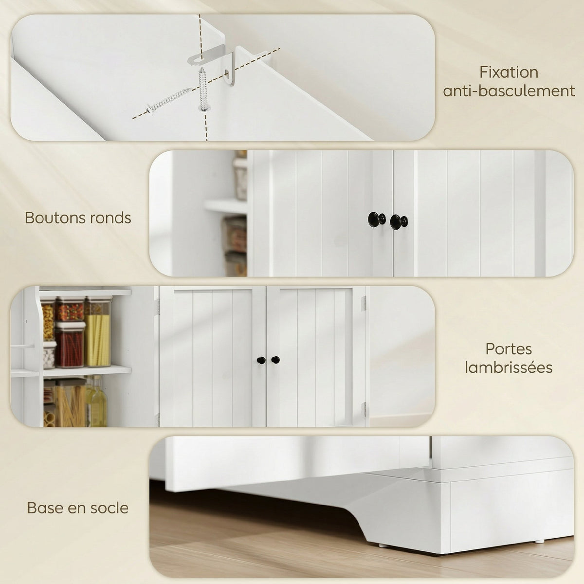 Buffet cuisine, meuble de rangement avec tiroir, 3 portes à fermeture douce, racks-porte et étagères réglables, blanc-7