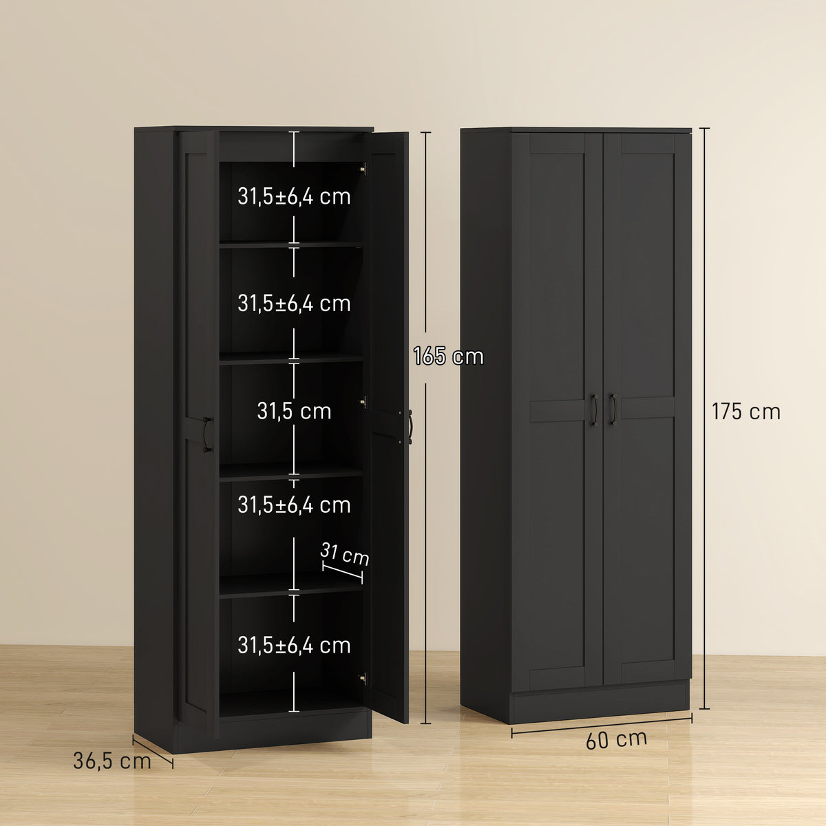 Armoire 2 portes meuble de rangement avec 5 étagères, style contemporain, 60L x 36,5l x 175H noir-2