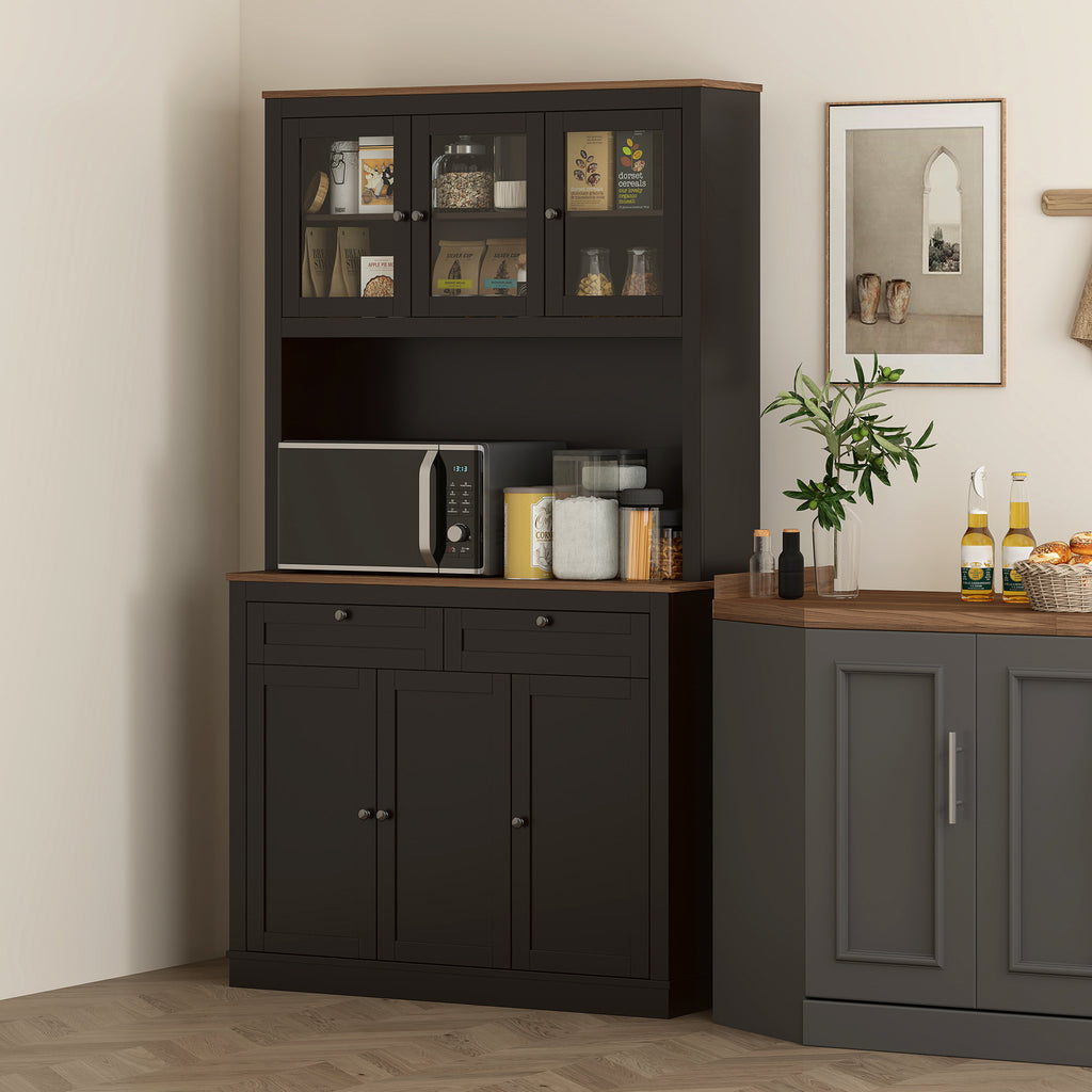 Buffet haut cuisine, armoire de cuisine, 6 portes, 2 tiroirs, plan de travail, étagères réglables, 100x40x180cm, noir-1
